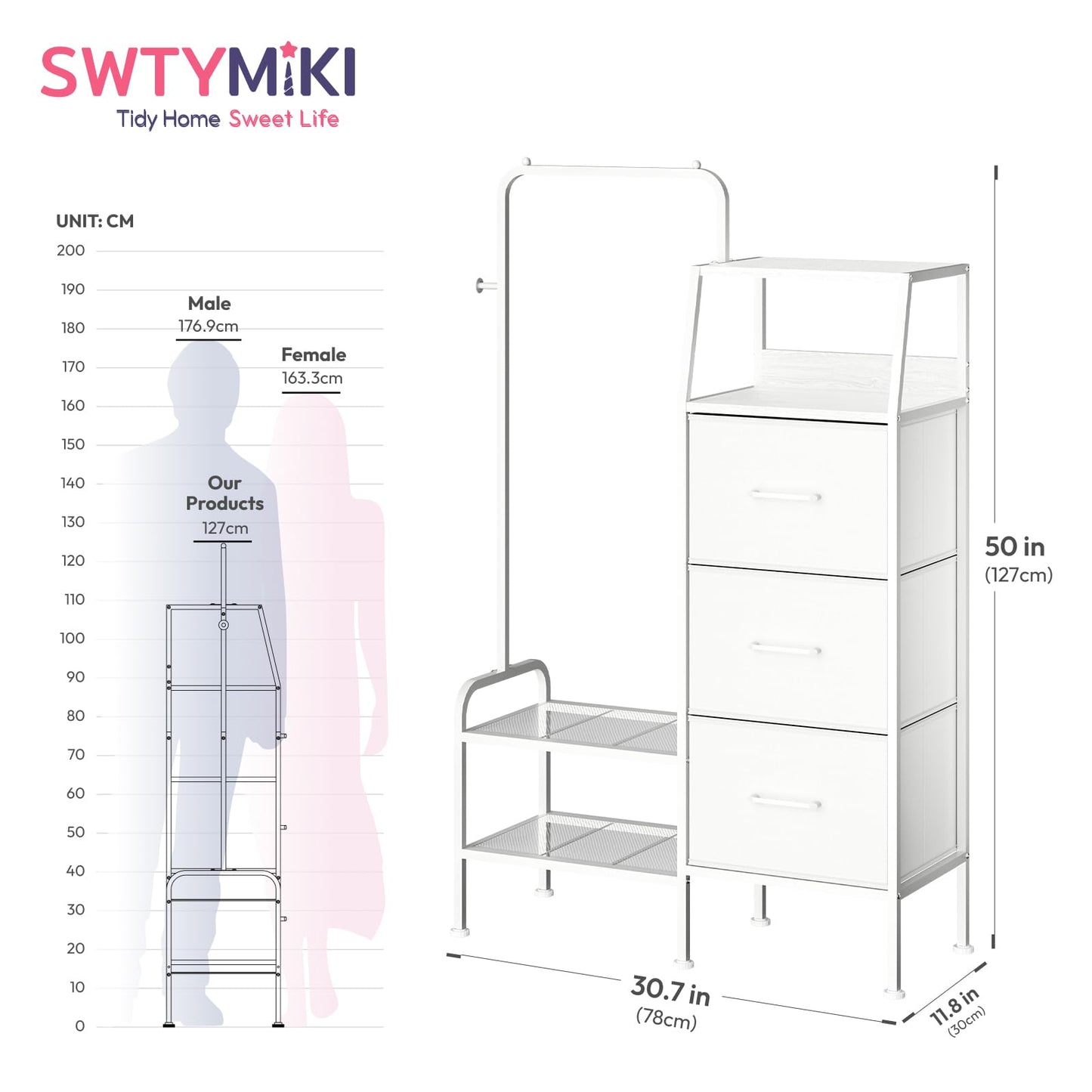 SWTYMIKI Dresser with Hanging Rack - 3 Fabric Drawers Dresser for Bedroom - Reversible Tall Storage Tower, Small Space Clothes Storage Organizer Cabinet for Apartment, Dorm 49.21''H, White