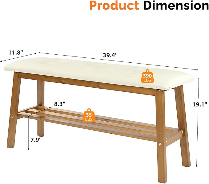 VINGLI Padded Solid Wood Dining Bench 39" Wooden Bench for Entryway, Bedroom, Kitchen & Living Room, with Shoe Rack Storage, Light Brown
