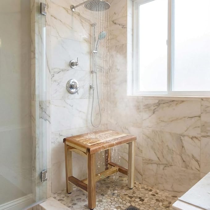 EcoDecors 18 Inch Natural Teak Waterproof Teak Wood Shower Bench Stool Seat Chair For Inside Shower Provides Safety, Storage, and Organization For Bathroom Accessories