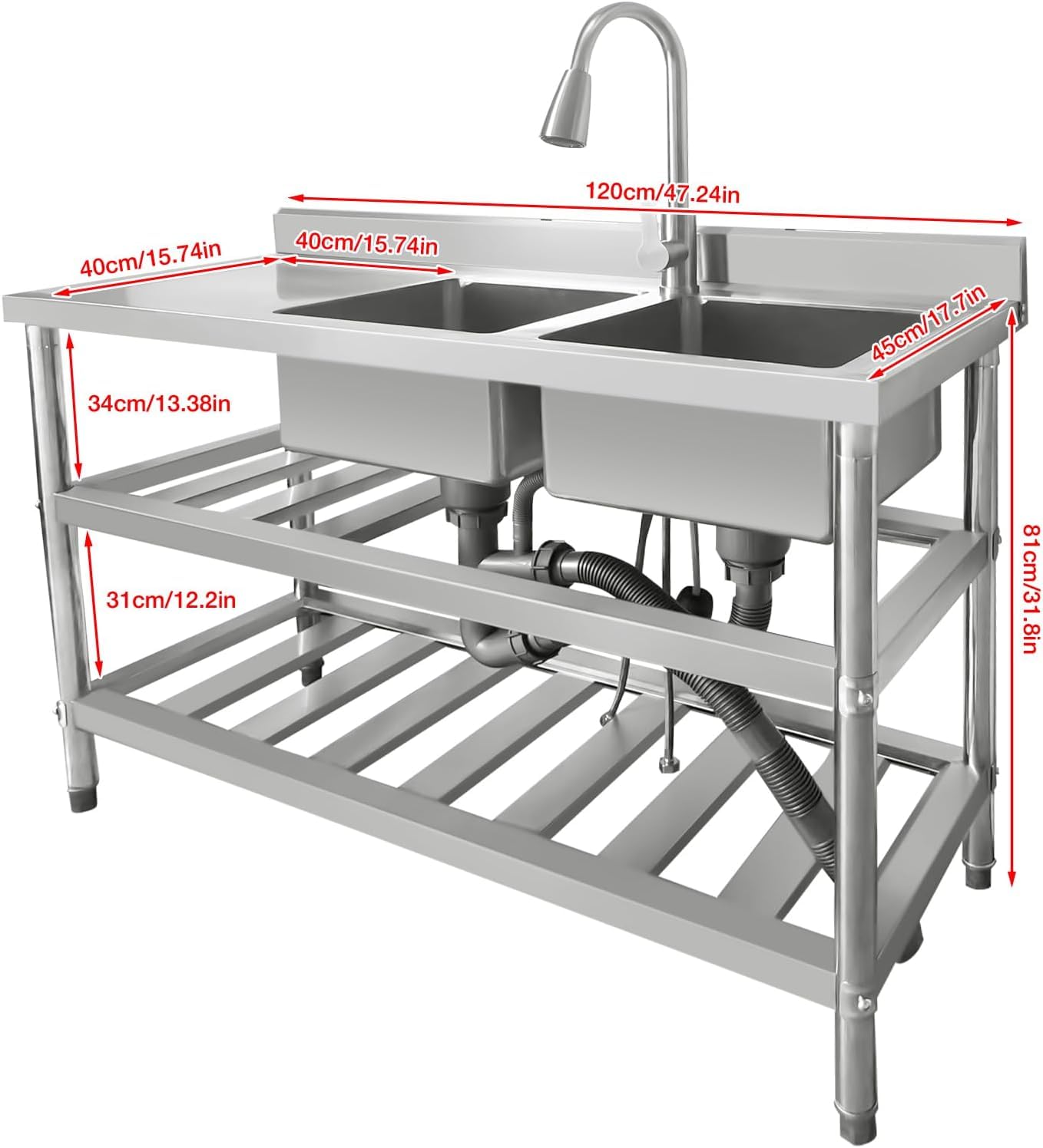 Vivrhintty Free Standing Kitchen Sink with Workbench, Stainless Steel Utility Sink with Set for Commerical, Outdoor, Garage, Laundry Room Use (47.24"D x 17.72"W x 31.89"H)