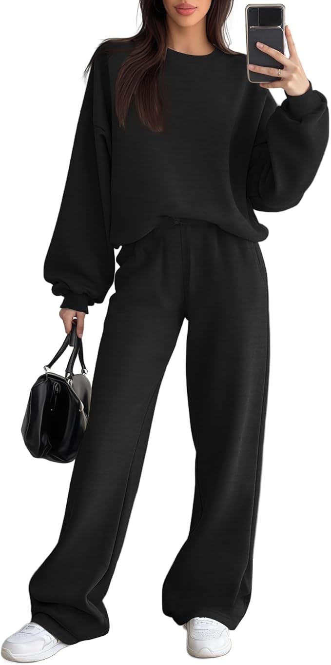 Sweetyweee Women's 2 Piece Outfits Set Fleece Lined Lounge Sweatsuit Crewneck Pullover Top Wide Leg Pants Casual Tracksuit