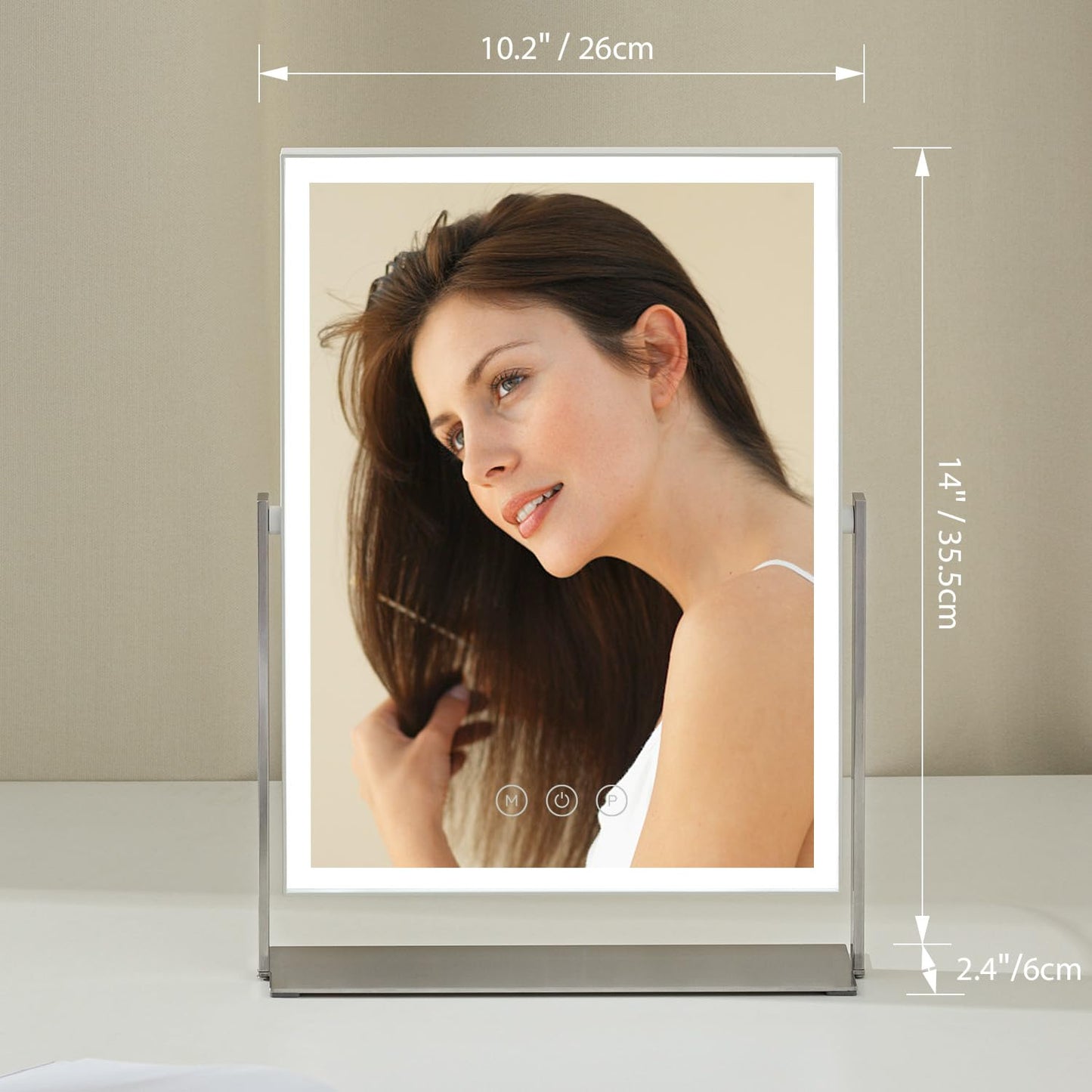 NEZZOE 14 Inch Rechargeable Lighted Makeup Mirror, Vanity Mirror with 104 LED Lights, Rectangular Desk Mirror with Light, Metal