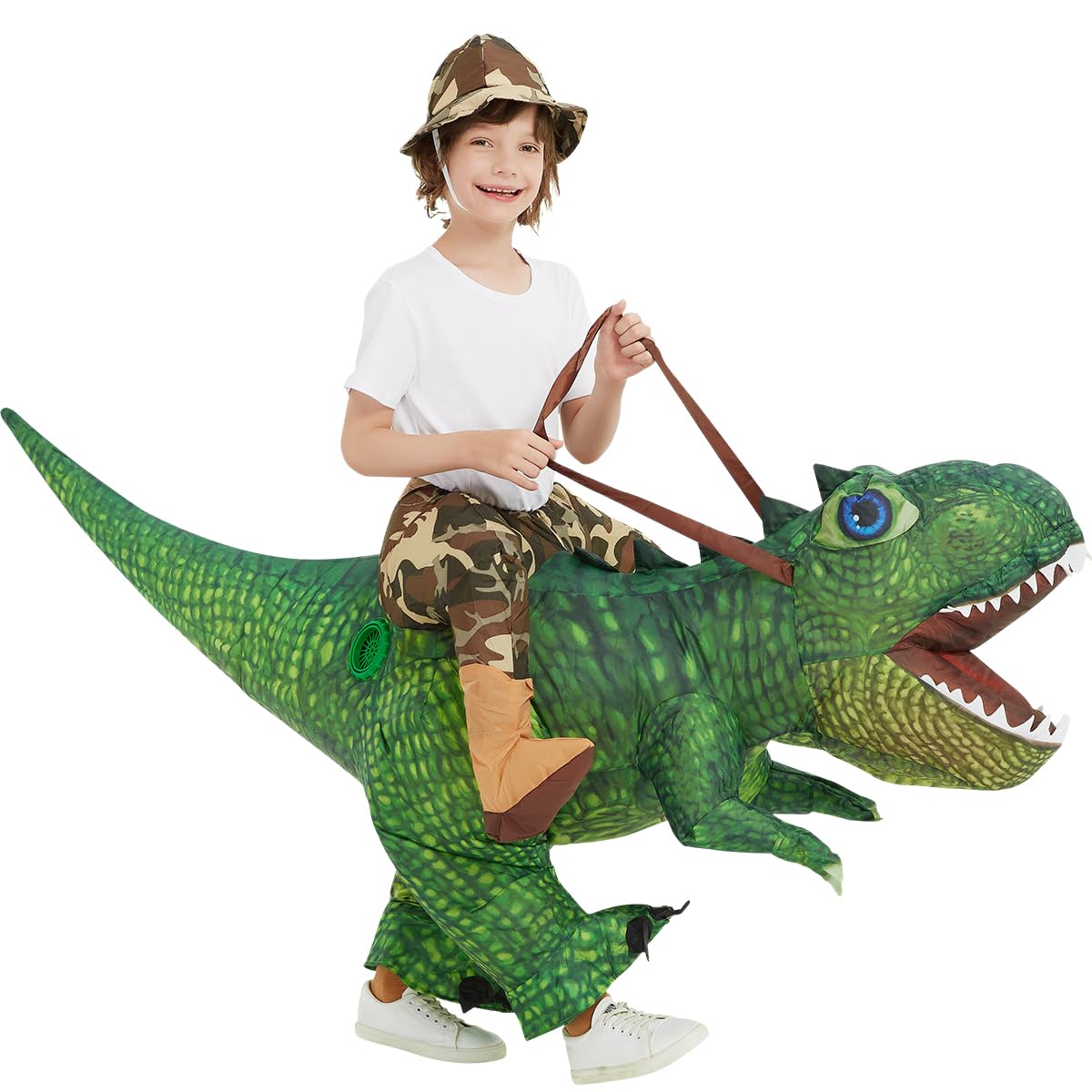 GOOSH Inflatable Dinosaur Costume Kids 55IN Halloween Blow up Costumes for Boys Girls Riding Diplodocus Air Costume for Party