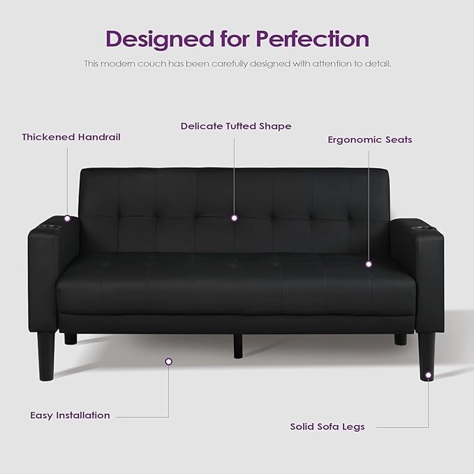 TYBOATLE Sofa Couch 62" W Loveseat w/ 2 USB Charger Ports & 2 Cupholders, Mid-Century Modern Black Faux Leather Tufted Small Love Seat Couches for Office,Compact Living Room,Bedroom,Apartment,Dorm