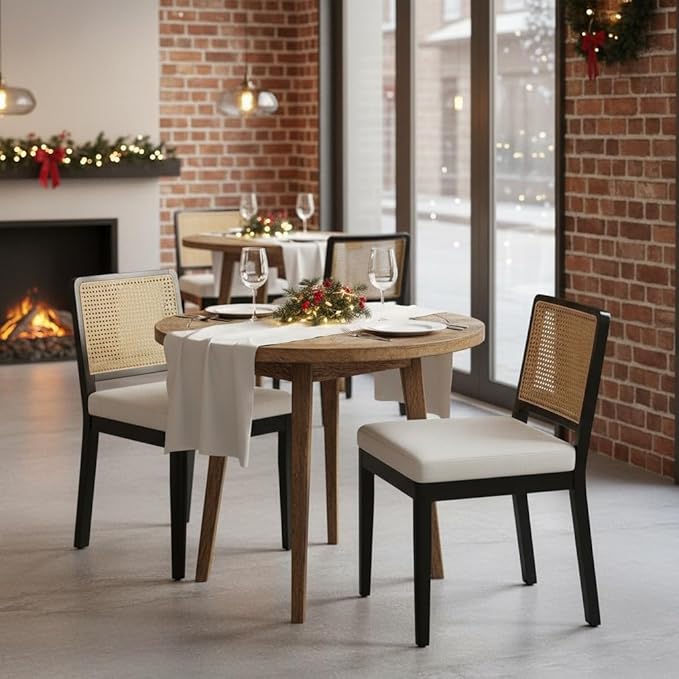 LukeAlon Set of 6 Farmhouse Dining Chairs - Mid Century Modern with Woven Cane Back, Soft Linen Upholstered Seat, Solid Wood Legs for Kitchen, Dining Room & Breakfast Nook, Beige