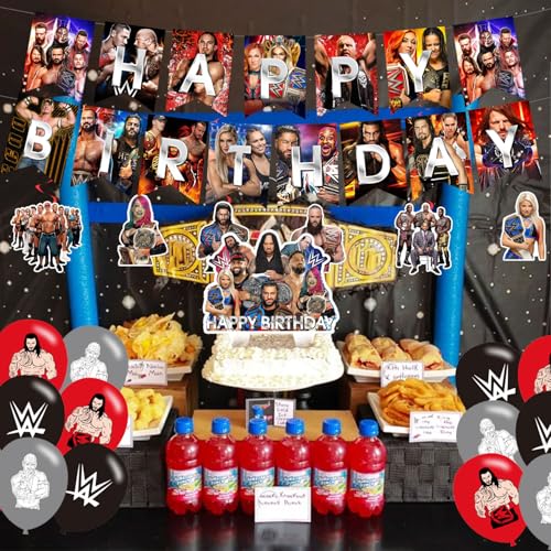 Wrestling Birthday Decorations,Wrestling Boxing Match Party Supplies Include Happy Birthday Banner, Cake Topper and Cupcak...