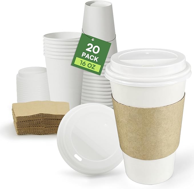 Paper Coffee Cups with Lids & Sleeves 16 oz Hot Cups, 20 Pack To Go Cups with Lids & Sleeves, BPA Free Unbleached Thickene...