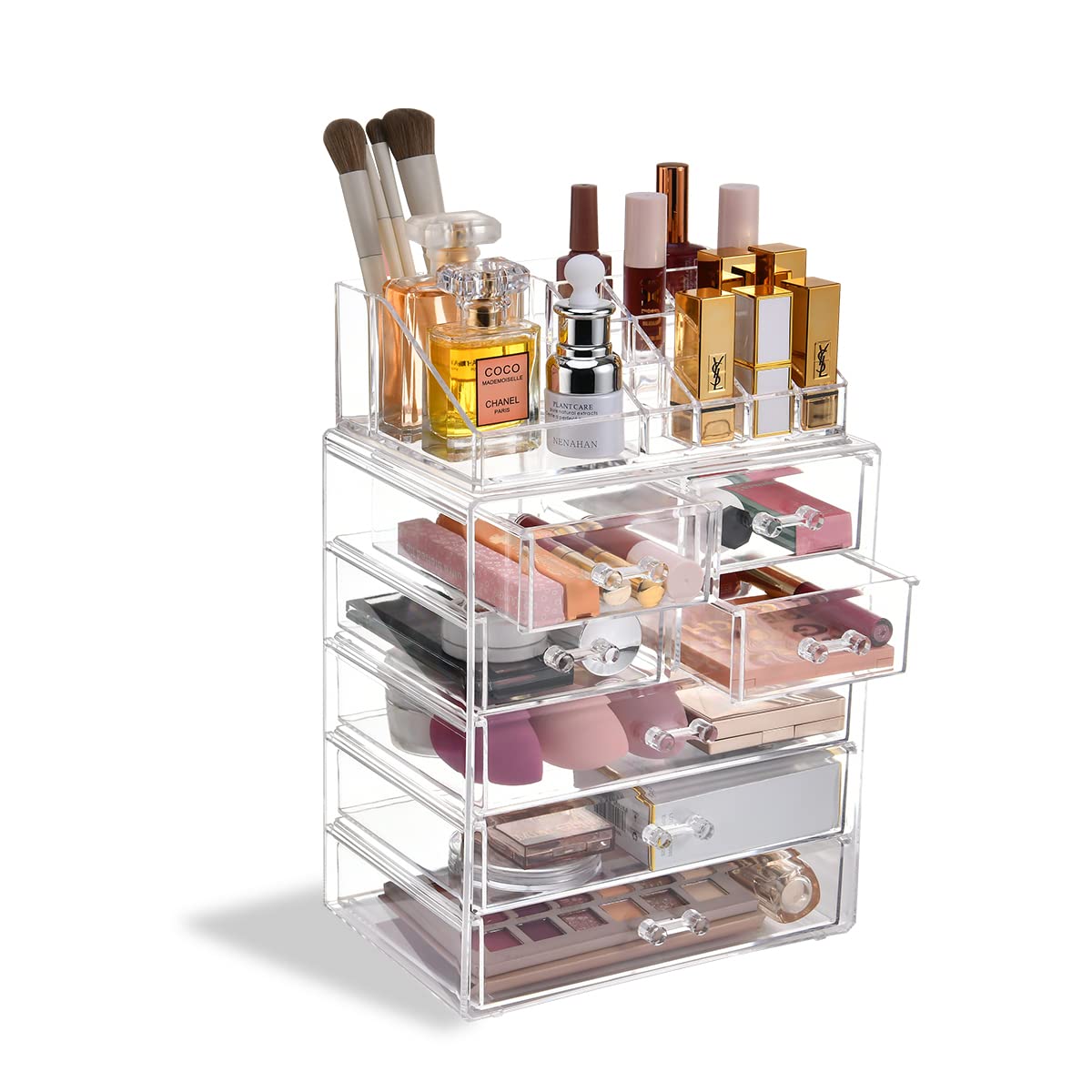 COMVTUPY Clear Makeup Organizer with Brush Holder, Large Acrylic Cosmetic Display Jewelry & Make Up Organizers and Storage for V
