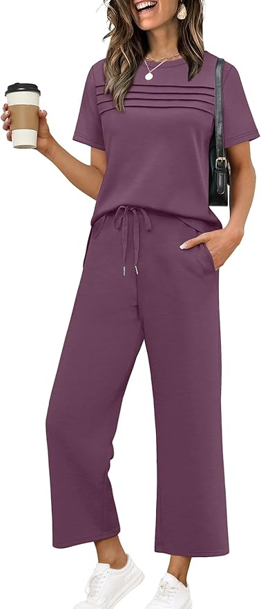 WIHOLL Two Piece Sets for Women Summer Travel Vacation Outfits Short Sleeve Lounge Sets Side Slit Wide Leg Pants S-3XL