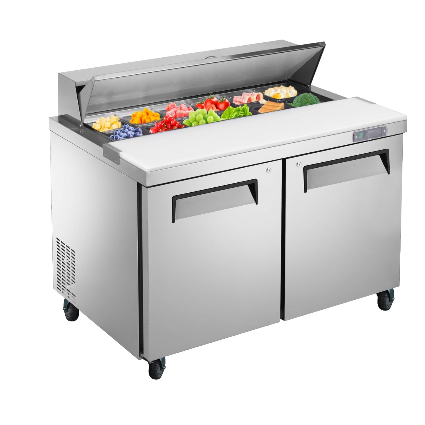 kalifon Sandwich Prep Table Refrigerator, 48" W Commercial Refrigerator Sandwich Salad Prep Table, Sandwich Prep Table with 12 Pans, Salad Bar Buffet Station For Home with 2 Shelves for Restaurant