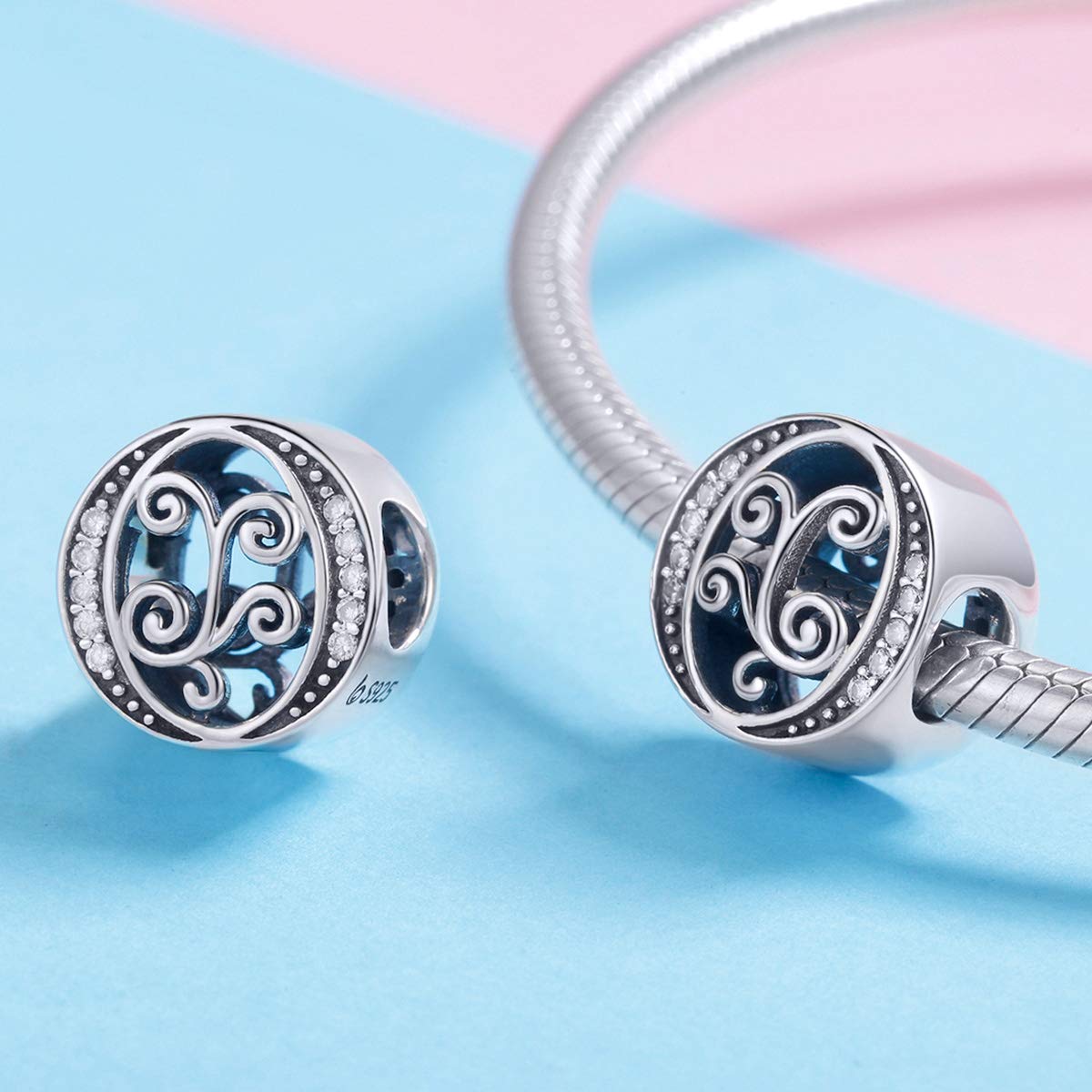 BISAER 925 Sterling Silver Initial Letter O Charms for Bracelets Alphabet Beads Charm Jewelry Gifts