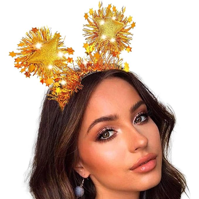 Coridy Light up Rave Headbands Sparkling Gold Stars Head Boppers Tinsel Hair Accessories for Women Happy Birthday (C-Gold)