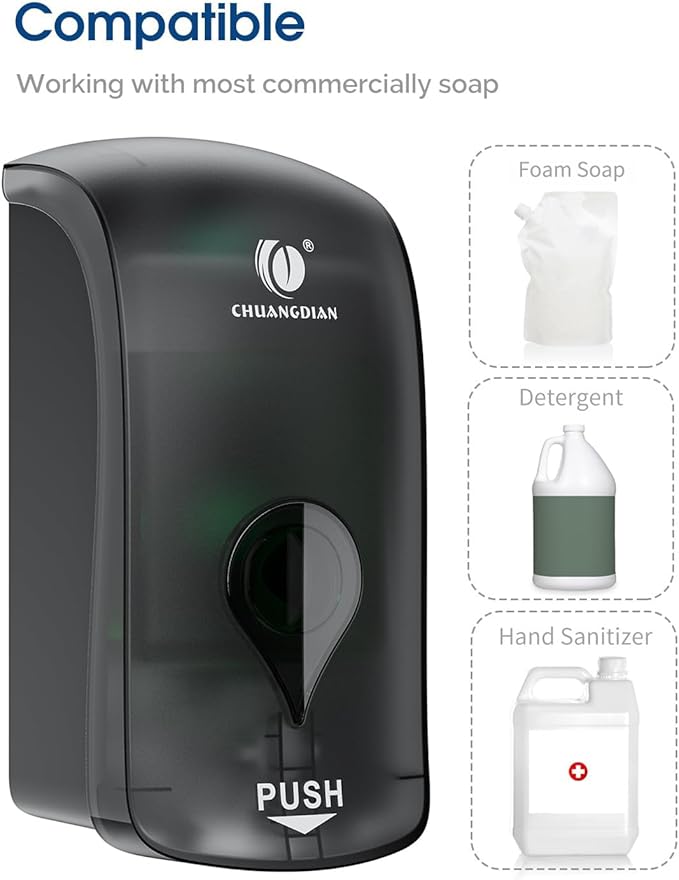 Hand Press Foaming Soap Dispenser, 35oz (1000ml) Refillable Wall Mount Soap Dispenser, Durable ABS Plastic, for Commercial & Home, Semi-Transparent Black, CHUANGDIAN