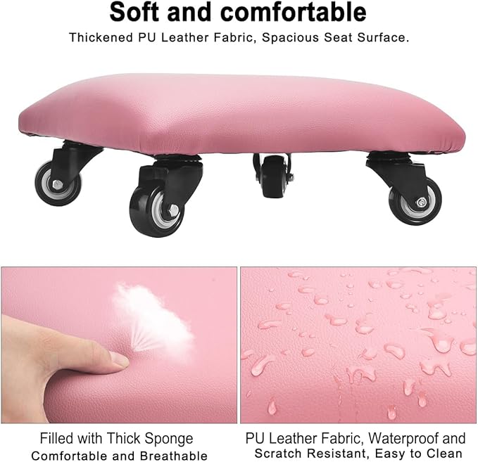 FLOLXNB Low Height Rolling Stool Low Roller Seat PU Leather Square Roller Seat Stool Low Rolling Chair for Home Office Fitness Garage (Pink)