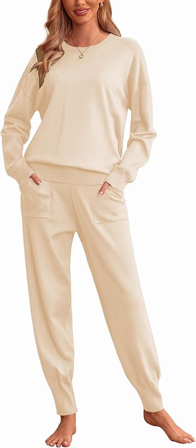 Ekouaer Women's 2 Piece Lounge Set Long Sleeve Knit Pajamas Sweatsuit Jogger Pant Outfits With Pockets S-XXL