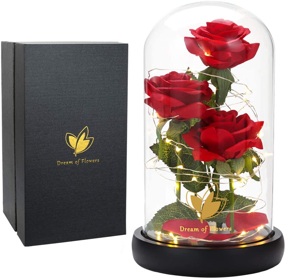 Birthday Gifts for Women,Beauty and The Beast Rose,Forever Real Preserved Red Rose in Glass Dome,Christmas Flowers Gifts for Mom,Wife,Girlfriend, Anniversary,Thanksgiving,Valentines Day Gift Idea