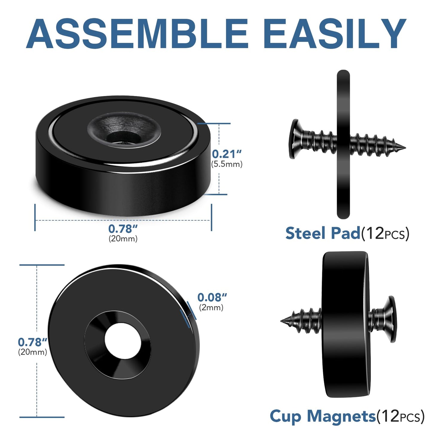 MIKEDE Magnets, 40lbs Strong Magnet with Holes, Black Industrial Rare Earth Neodymium Magnet Heavy Duty Round Cup with Countersunk Hole with Screws for Wall Mounting - 12 Pack