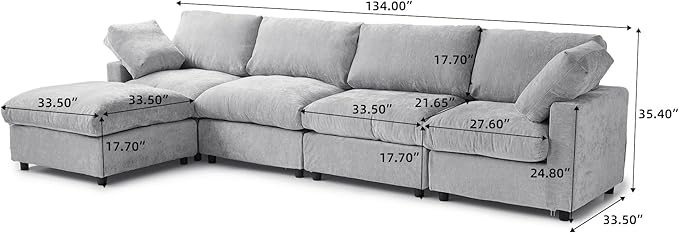 Cloud Couch Modular Sectional Sofa,134" L Shaped Couch, Oversized Convertible Wide Seater,4 Seater with Ottoman for Living Room Set, Covers Washable&Replaceable,Gray