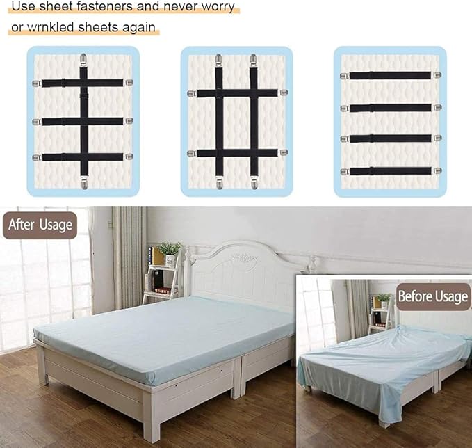 8Pcs Adjustable Bed Sheet Straps Clips, Elastic Mattress Sheet Fasteners Holder and Suspenders, Grippers to Hold Sheet, Mattress, Sofa, Couch, Table Cloth, Ironing Board Cover