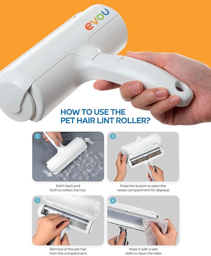 Evou Pet Hair Remover (Cat and Dog), Reusable Lint Roller for Furniture, Couch, Carpet, Car, Clothing and Bedding, Portable, Multi-Surface Fur Removal Tool (White)