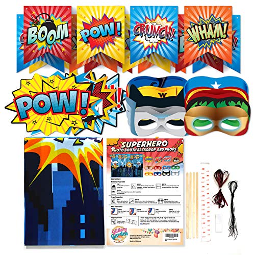 Superheroes Theme Party Photography Backdrop with Prop, Flag & Mask. Super Hero Cityscape Photo Booth Background for Kids Party, Birthday Wall Decorations