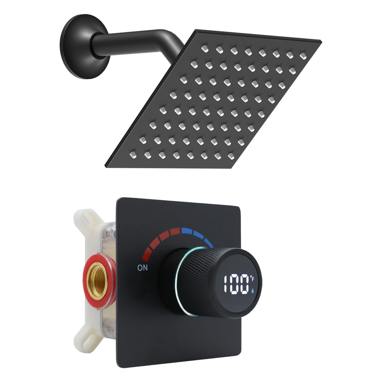 6 Inch Digital Display Shower Head System 6 Inch Head with Valve Shower System with Valve Bathroom Bath System (Matte Black)