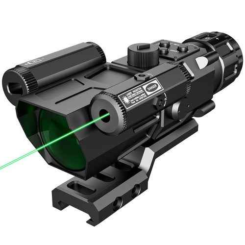 4X32 Prism Rifle Scope Optics Lightweight with Green/Red Laser 7 Level Red Illuminated Reticle Clear Green Lens Reticle 4X Magnification for 20mm Rail Mounts
