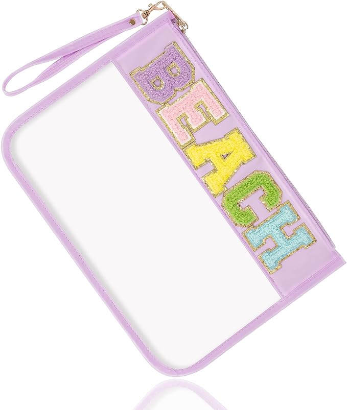 Chenille Letter Clear Bag Beach Purse with Wristlet, Monogram PVC & PU Clear Zipper Pouch, Waterproof Portable Glitter Sna...