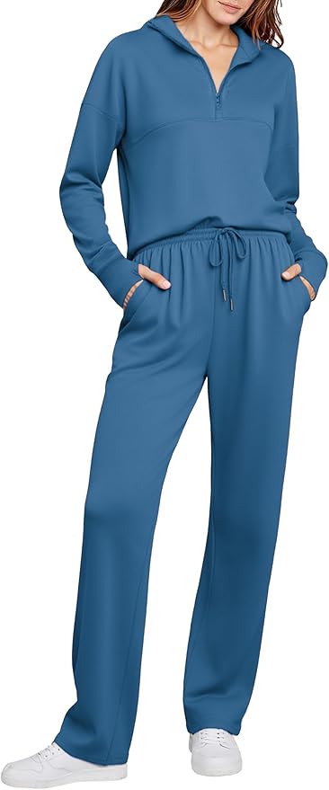 Totatuit Womens Sweatsuits 2 piece Set Lapel Half Zip Lightweight Sweatshirts and Wide Leg Pants Tracksuit Lounge Sets