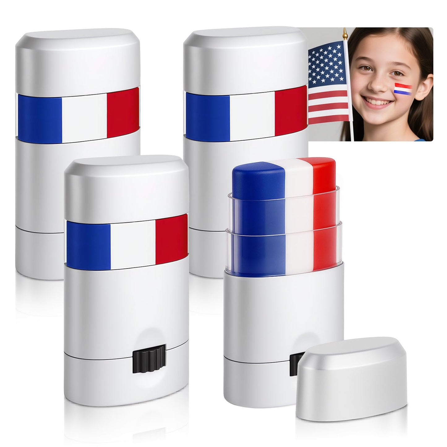 4PCS Red White and Blue Face Body Paint Sticks- Patriotic Pride 4th of July Accessories for Women, Eye-Black Stick Baseball Soft