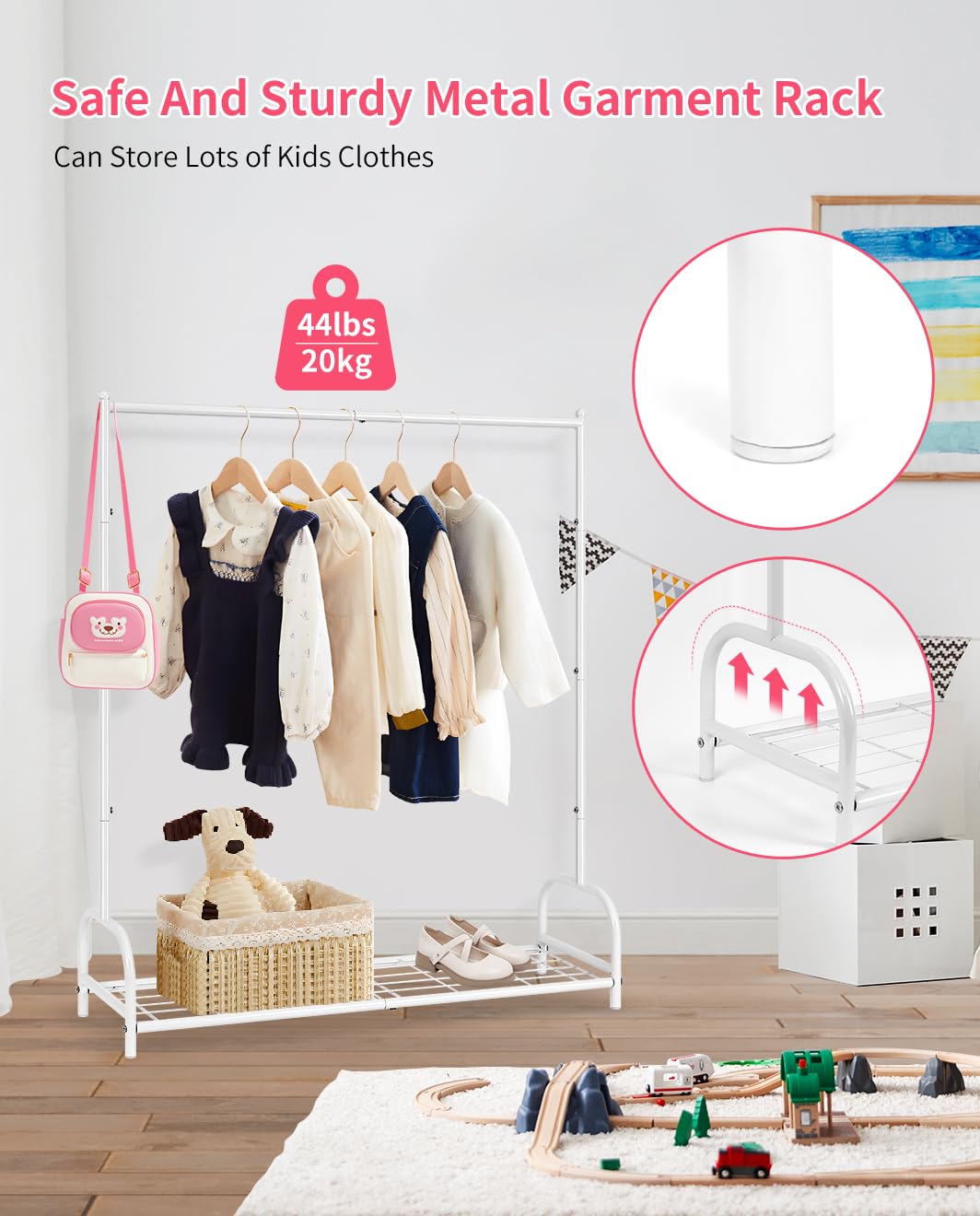 AUPSEN Kids Clothing Rack with Bottom Storage Shelf, Metal Toddler Dress Up Rack for Little Girls, Kids Dress Up Clothes Storage for Coats, Skirts, Dance Costume（White）