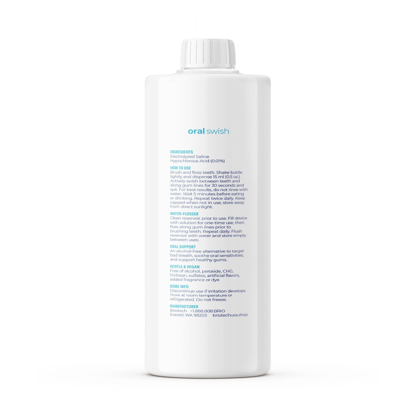 BRIOTECH Oral Swish, Hypochlorous Acid Mouthwash Rinse, Gentle Oral Care Hygiene, Fight Bad Breath, Support Against Plaque, Gum Irritation & Tender Gums, Alcohol & Fluoride Free, 32 fl oz