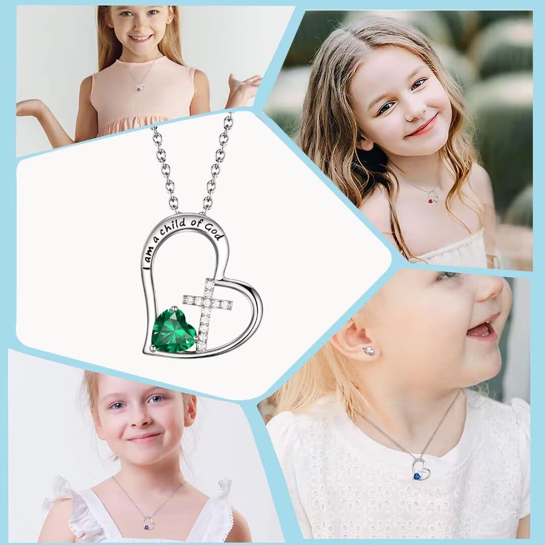 Birthstone Cross Necklace for Kids Girls Baptism First Communion Gifts I Am a Child of God Easter Birthday Christmas Gifts Littl