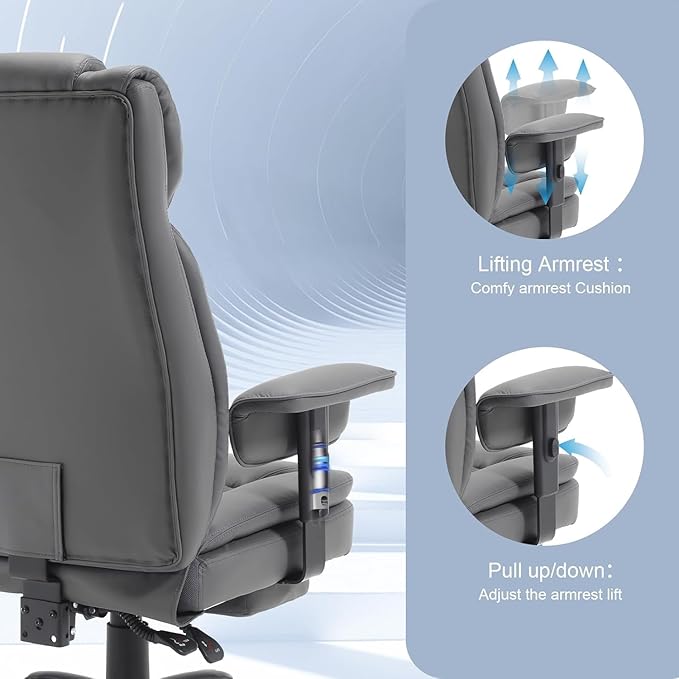 Reclining Office Chair with Footrest, 400Lb Big Tall Office Chair with Lumbar Support Pu Leather Computer Swivel Executive Chairs for Adult, High Back Recliner Office Desk Chair,Grey
