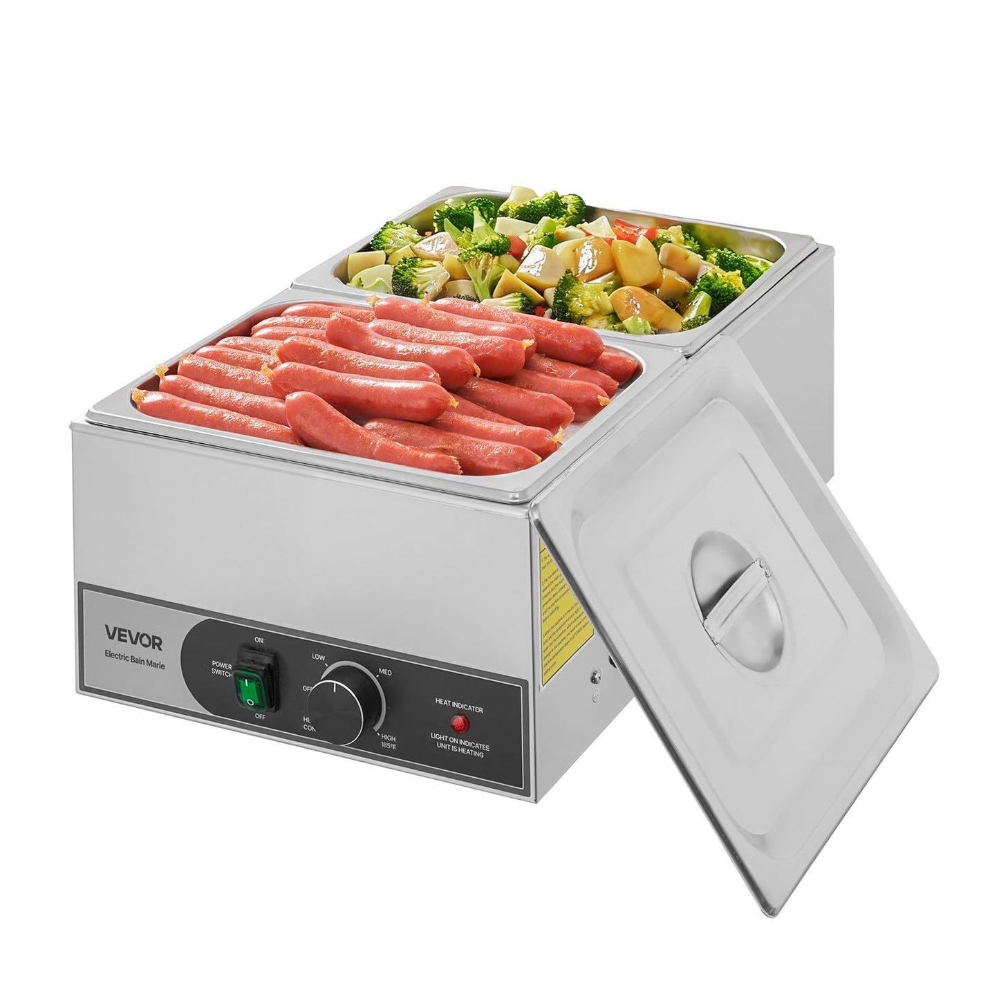 VEVOR Commercial Food Warmer, 1200W Electric Stainless Steel Steam Food Warmer, Fast Heating Countertop Buffet Bain Marie with Two 1/2 Size Food Pans, for Catering, Restaurants, Parties & Buffets