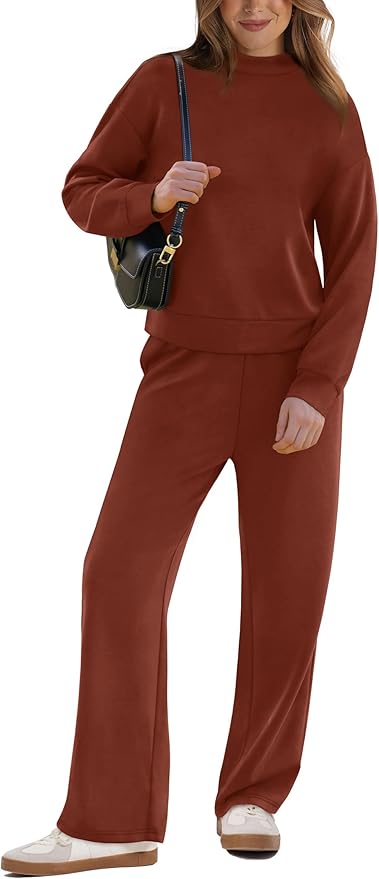 WIHOLL Two Piece Sets for Women Fall Outfits Lounge Sets Mock Neck Tops Wide Leg Pants Vacation Travel Airport Outfits