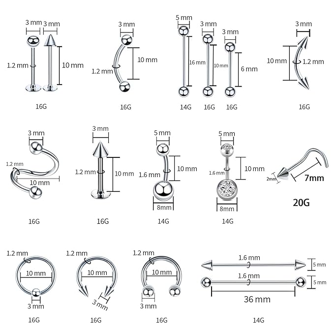 153Pcs Piercing Kit: 12G, 14G, 16G, 20G Needles & 316L Stainless Steel Jewelry for Nose, Belly, Lip, Ear & More
