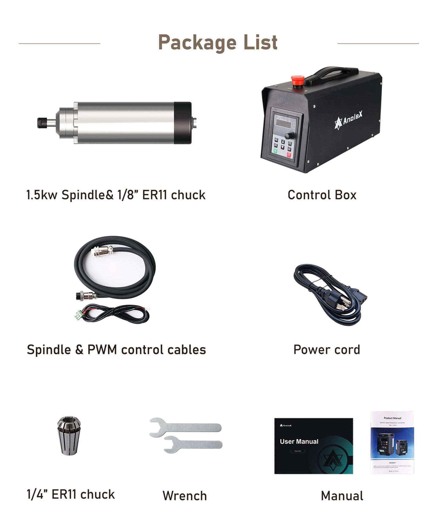 AnoleX 1.5KW CNC Spindle Motor Kits SP-15A, Adjustable Speed Φ65mm Air Cooled VFD Spindle with ER11 Collets for CNC Router Machine