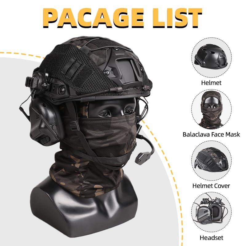 TUMHUTS Tactical Helmet with Headset,Adjustable Helmet with Helmet Cover and Fcae Mask for Cosplay Military Tactical Airso...