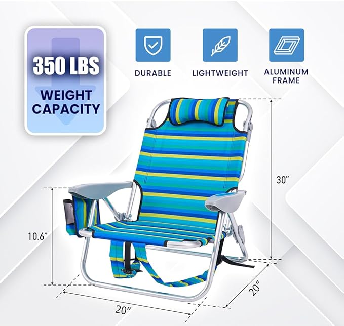 Canpsky Portable Recliners Chair for Adults, Outdoor Camping Chair Lay Flat Folding Backpack Reclining Chair with 5 Positions, Headrest, Cooler Pouch, Cup Holder, Multi Srtiped