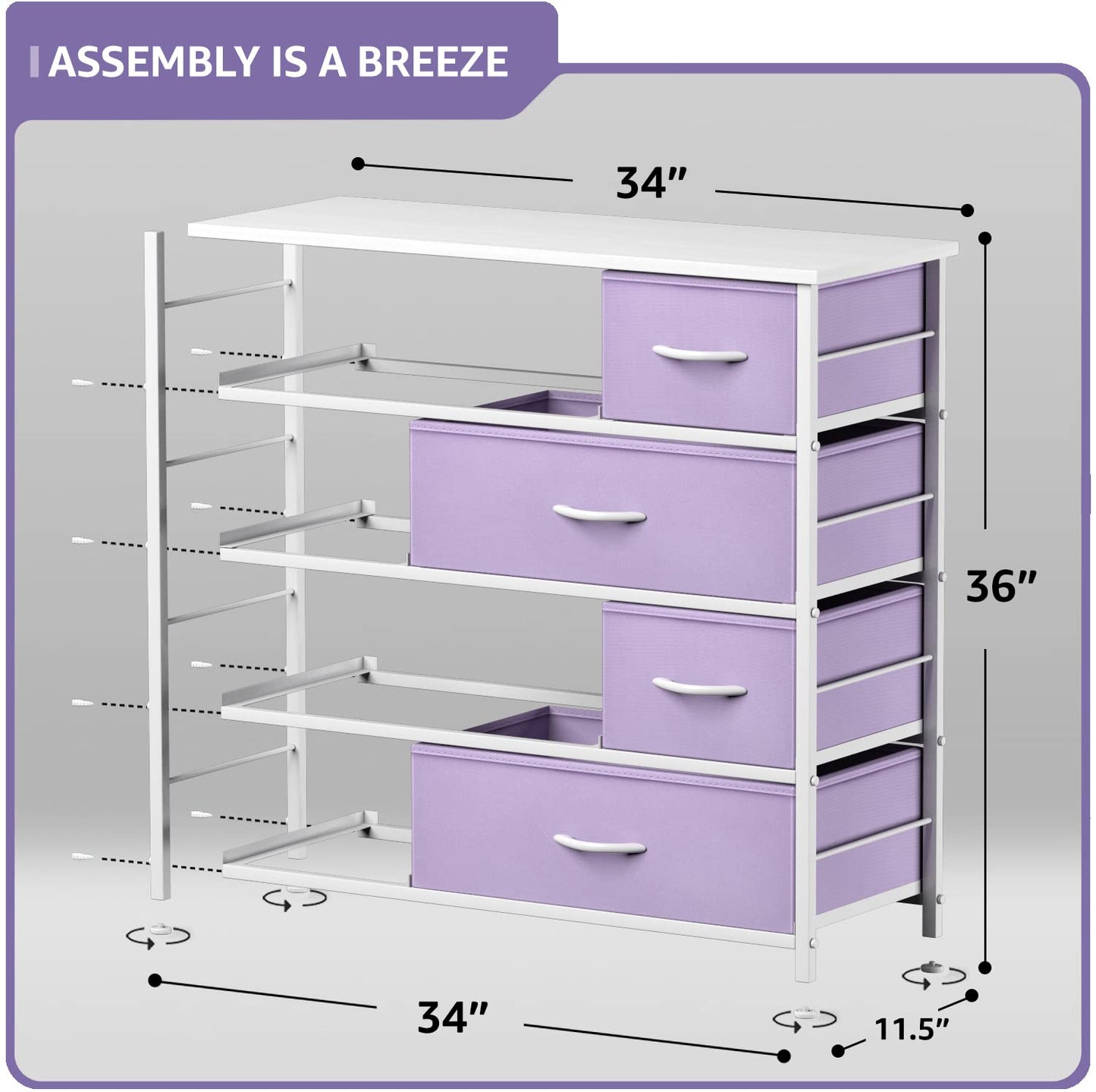 Sorbus Dresser with 8 Drawers - Furniture Storage Chest for Kid’s, Teens, Bedroom, Nursery, Playroom, Clothes, Toys - Steel Frame, Wood Top, Fabric Bins (Purple)