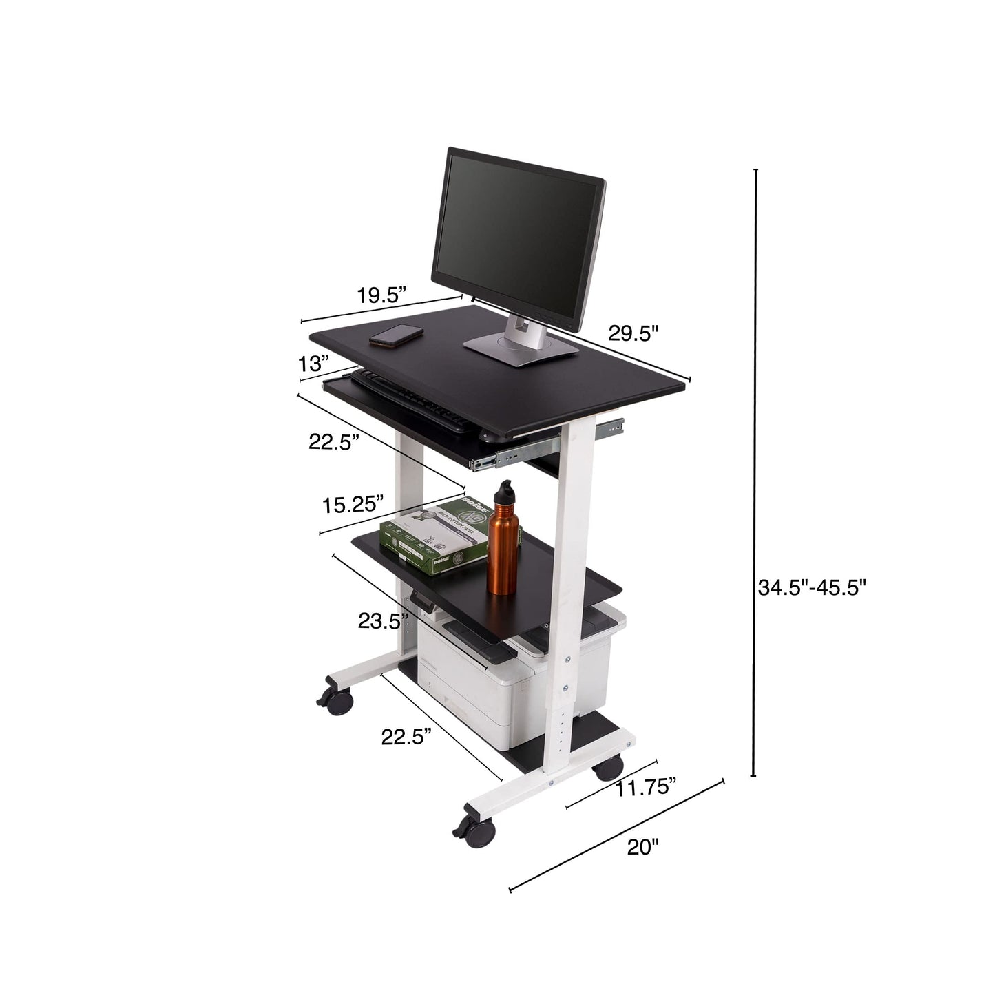 Stand Up Desk Store Mobile Rolling Adjustable Height Standing Workstation with Printer Shelf and Slideout Keyboard Tray (White Frame/Black Top, 30" Wide)