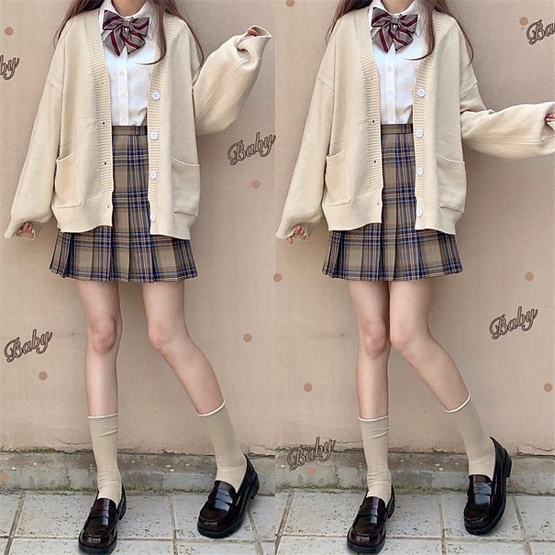 Preppy Aesthetic Clothes Cute Japanese School Sweater Kawaii Solid V-Neck Loose Knitted Cardigan JK Uniform Cosplay (M,Apricot)