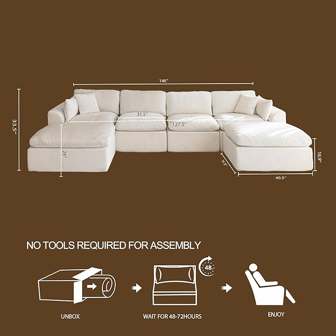 155''Cloud Sectional Couch, Modern L-Shape Sofa with Ottoman, Oversized Convertible 6 Seater Modular Couches for Living Room, Warm White