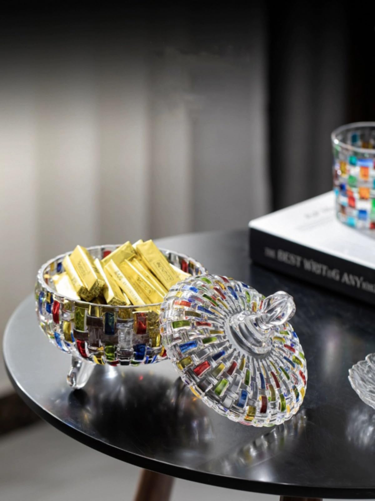 MAGCOLOR Elegant-Hand Painted Colorful Large Crystal Glass Candy Box,Candy jars with Lid,Storage Jewelry Jar,Candy dish covered,Great Gift for Family Friends-24 oz-Cute Candy servers.