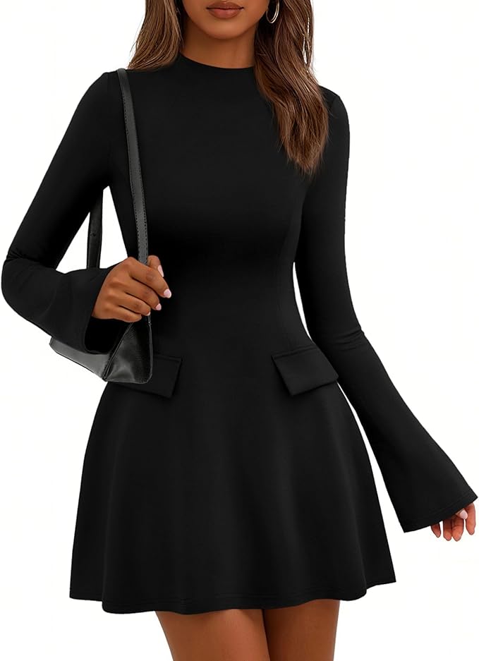 PRETTYGARDEN Women's Elegant Holiday Short Dress 2026 Fall Bell Long Sleeve Mock Neck Work Business Casual Party Mini Dress