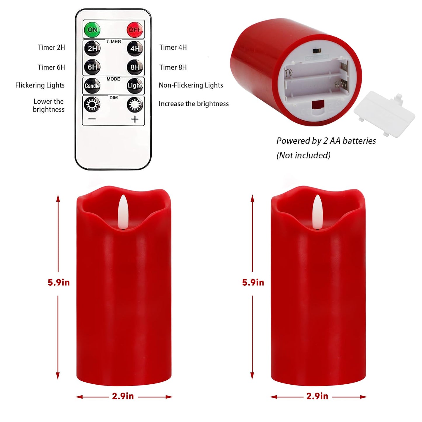VEEKI Flameless Candles Light, Set of 2 6"x3" Flickering Christmas Flameless Candles with Remote & Timer, Dimmable Real Wax Pillar Candles Battery Operated, Red Candles for Home Xmas Decor (Red)