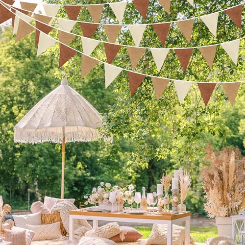 32Ft Brown Party Decorations Boho Pennant Banner Fabric Triangle Flag Linen Bunting Garland Streamers for Woodland Teddy B...