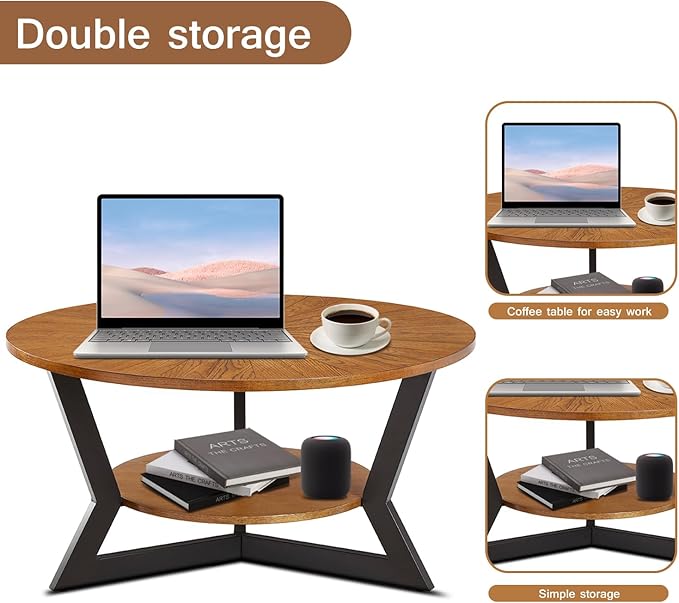 Round Coffee Tables for Living Room, 2-Tier Modern Circle Center Table with Storage, Wood Sofa Table with Metal Frame，35'x 17' Inches，Easy Assembly，Walnut