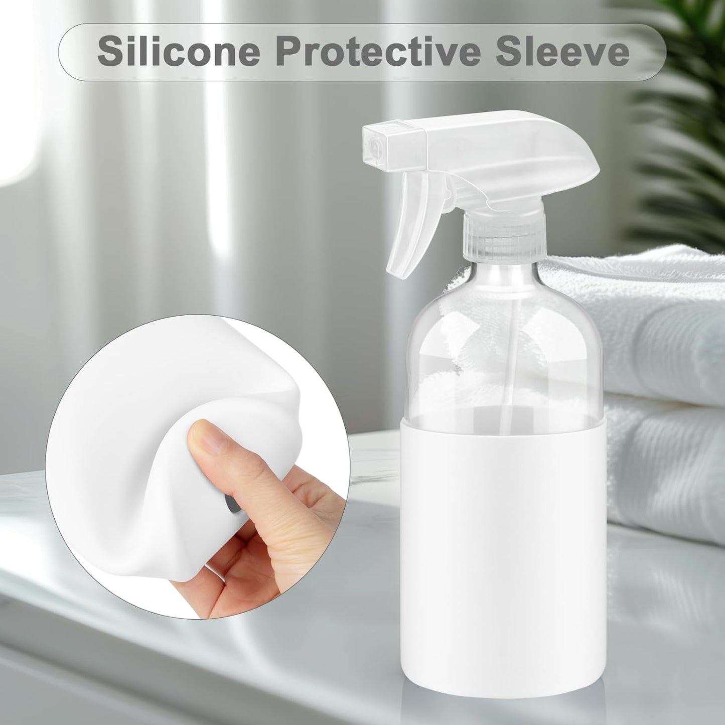 2 Pack Glass Spray Bottles with Long Silicone Sleeve, 16 oz Empty Refillable Containers with Adjustable Spray Nozzles, Spray Bottles for Hair, Cleaning Solutions and Plants Pink&White